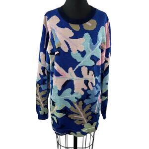 VINTAGE Christine Foley Cotton Knit Blue Pink Green Leaf Print Crew Pullover 3